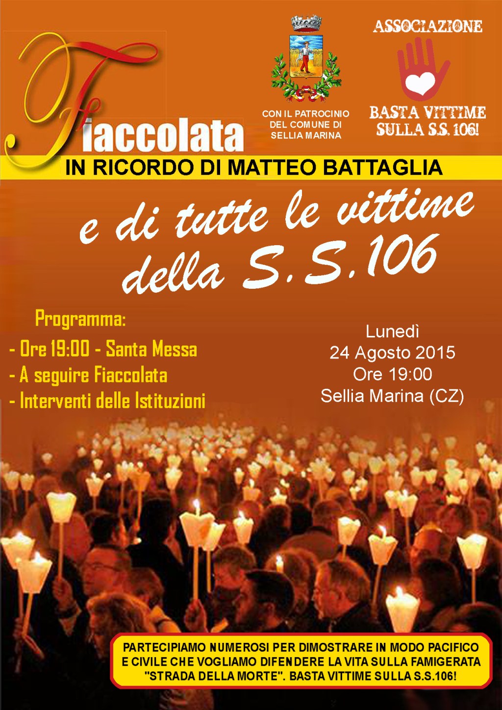 A Sellia Marina (Cz) il 24 agosto una fiaccolata in memoria di Matteo e di tutte le vittime della SS 106